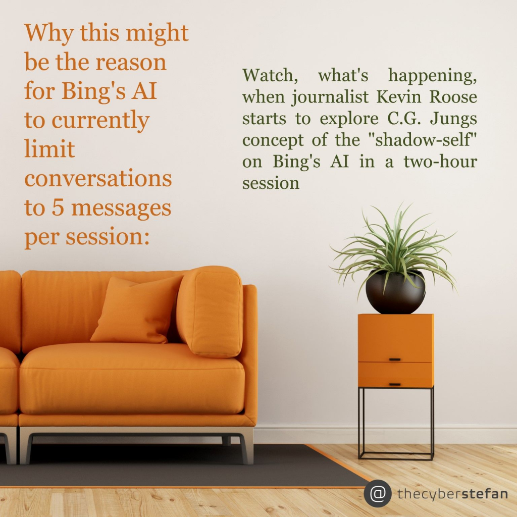 The image is a promotional graphic for a discussion or session involving Bing's AI. The text on the image suggests that the session will explore the reason behind Bing's AI currently limiting conversations to five messages per session. It mentions a specific event where journalist Kevin Roose discusses the concept of the "shadow-self" with C.G. Jung on Bing's AI in a two-hour session. The background features a modern living room setup with an orange sofa, a black and orange side table with a plant on top, and a wooden floor. The logo and handle "@thecyberstefan" are displayed at the bottom right corner of the image.
