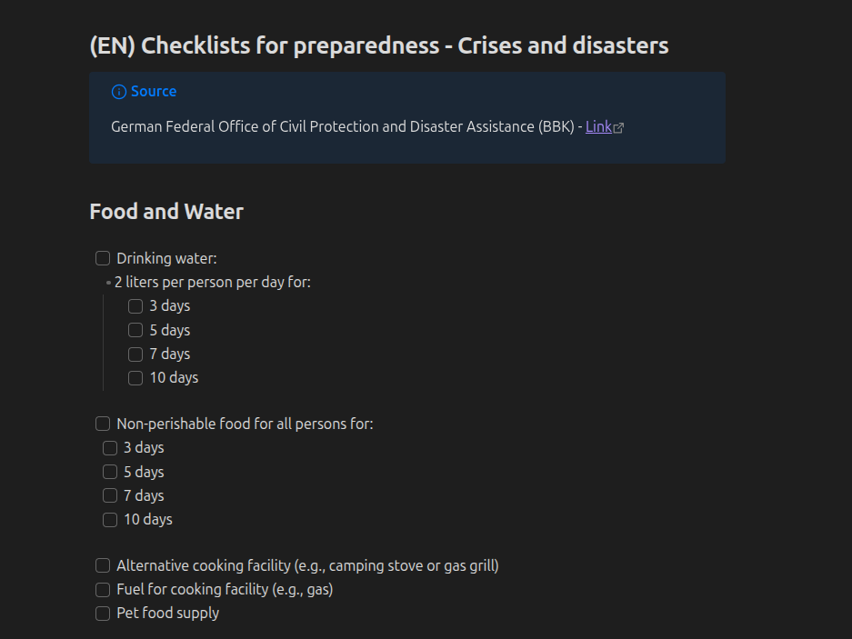 Excerpt from checklist